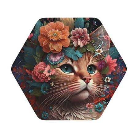 

Matuu Flower Crown Cat for Cup Coasters Set of 6 Leather Coasters Desk Coasters for Office Measures 4” x 4” Hexagon