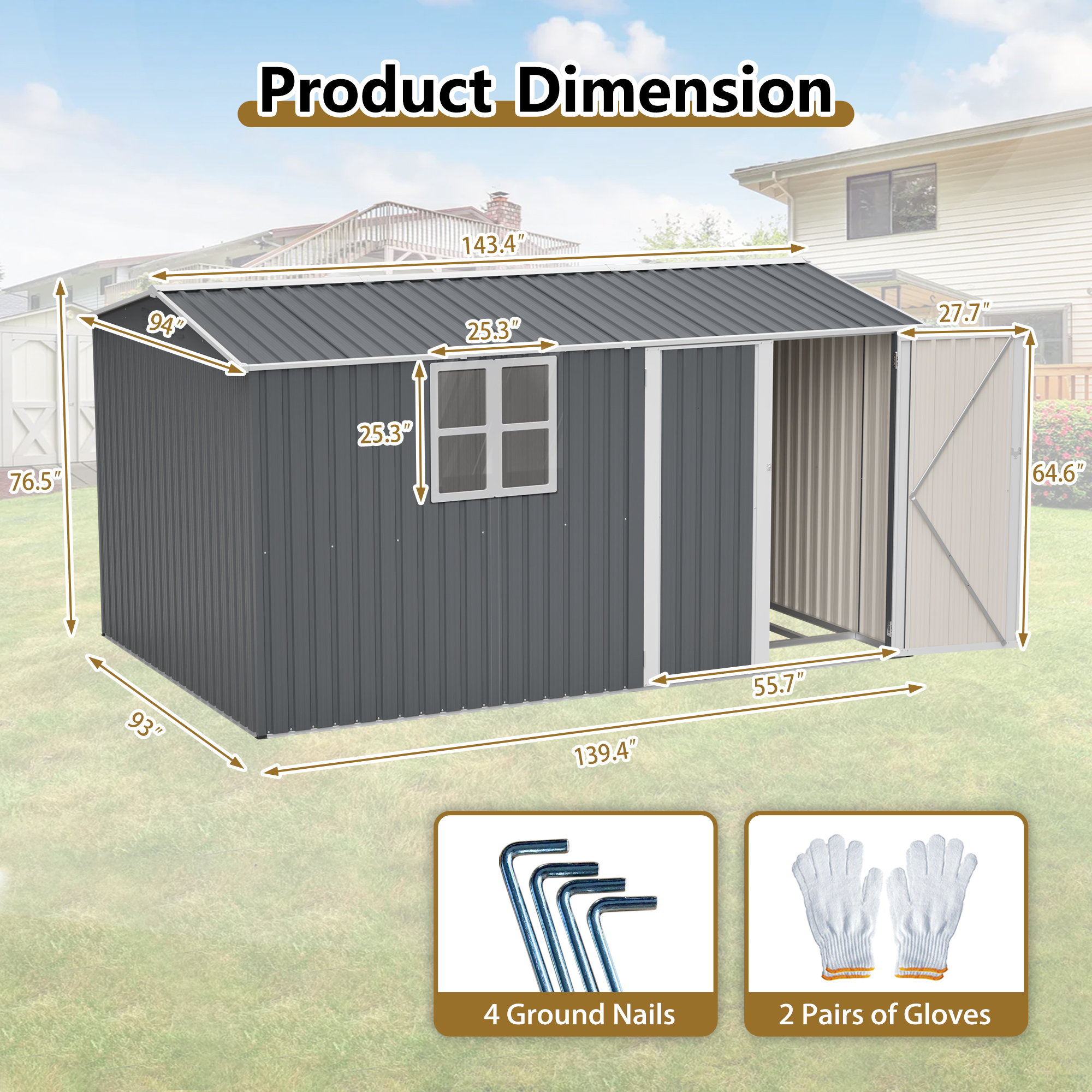LZBEITEM 12'x8' Outdoor Storage Shed with Floor Frame & Window, Metal Garden Shed Kit, Backyard Shed, Lockable Doors for Backyard Patio Lawn, Gray