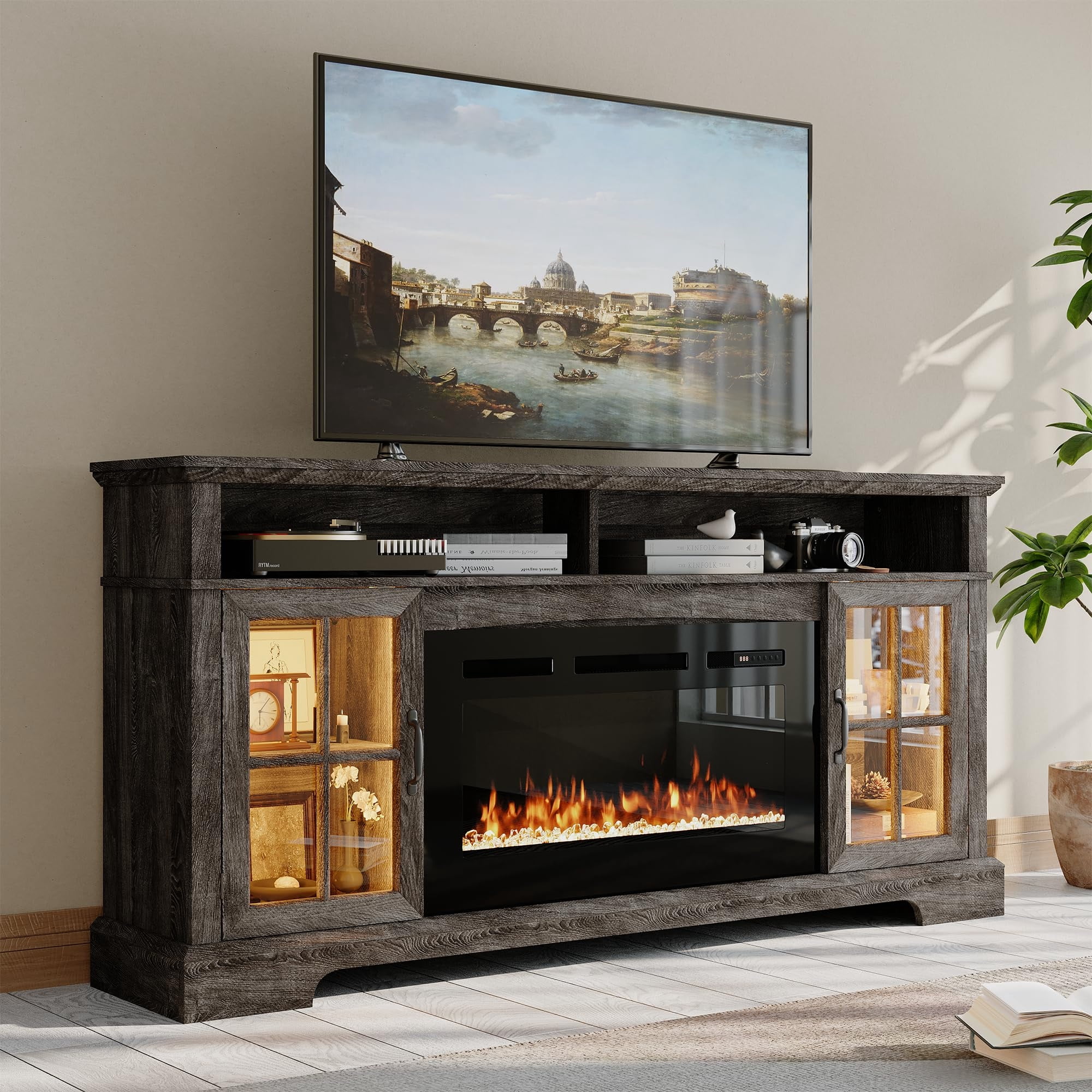 Sunmthink Farmhouse TV Stand with 36" Fireplace for TVs up to 80", 70" Media Entertainment Center with Adjustable Shelves and Large Storage Cabinets, for Living Room, Gray