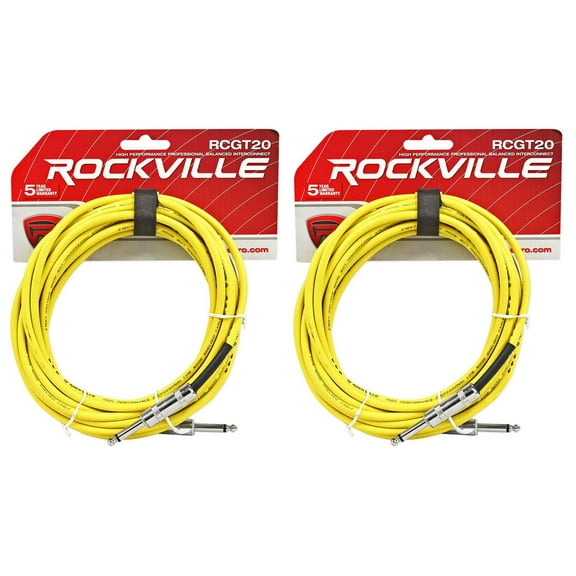 2 Rockville RCGT20Y 20'  1/4" TS to 1/4'' TS Guitar/Instrument Cable