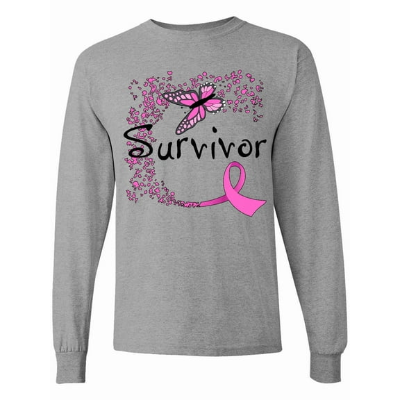 Inktastic Breast Cancer Survivor-butterfly Ribbon Long Sleeve T-Shirt