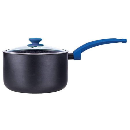 Heavy Duty Aluminum Sauce Pan Soltam Professional Cookware 2 Quart Saucepan | Heavy Duty Nonstick Finish, Tempered Glass Lid, Ergonomic Stay Cool Blue Silicone Handles, Induction Compatible ()
