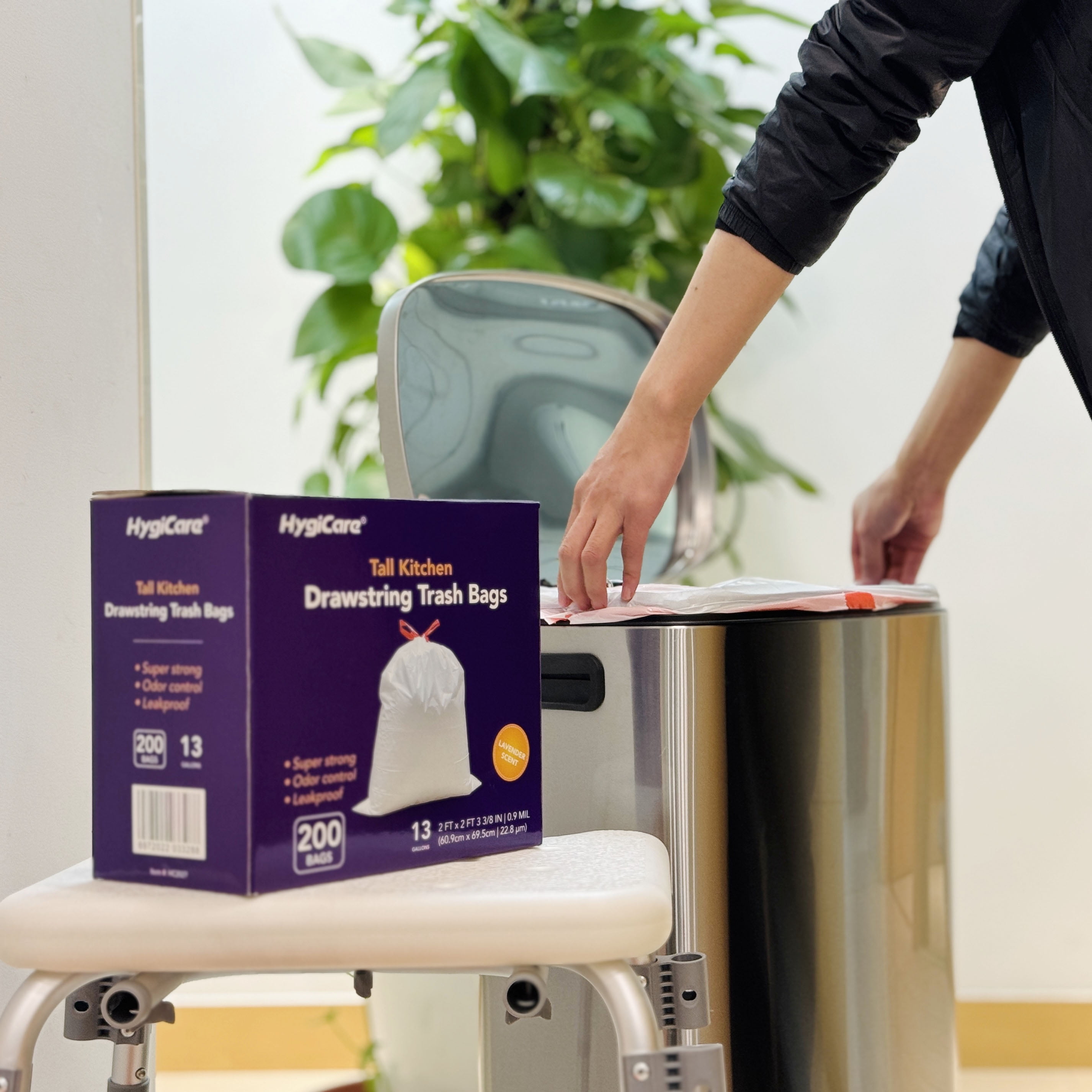 HygiCare 13 Gallon Tall Kitchen Drawstring Trash Bags, 200 Count, Lavender Scent, Super Strong, Leakproof