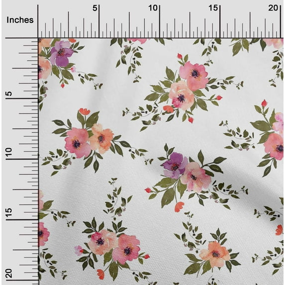 oneOone Cotton Poplin Fabric Watercolor Leaves & Peony Floral_Printed Fabric 1 Yard 42 Inch Wide