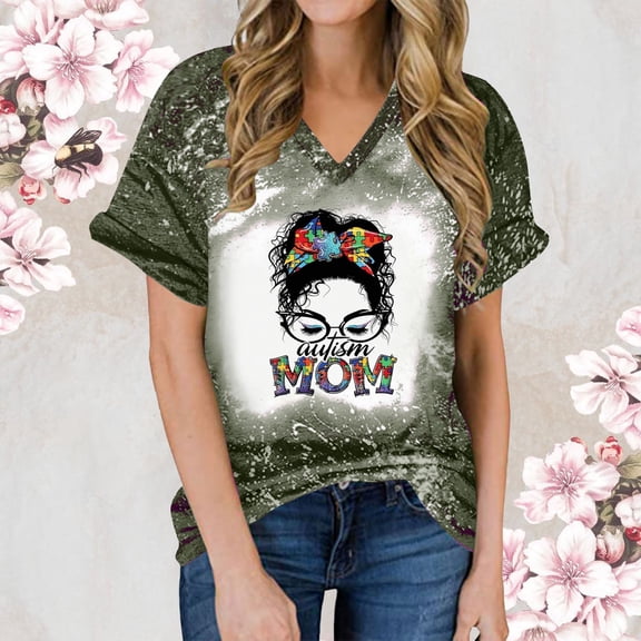 EQWLJWE Women Autism Mom Life Messy Bun T Shirts Funny Cute Graphic Tees Casual Loose Short Sleeve Tops