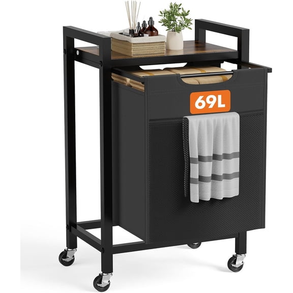 Simenmax Laundry Hamper, 69L Large Laundry Basket, Freestanding Laundry Sorter Organizer with Top Shelf & Removable Washable Bags for Dorm, Bathroom, Black