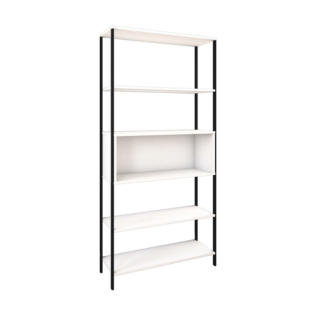 Librero Estante Organizador dos Vistas, Cinco Espacios Organizadores, Estructura Metálica, Tablero Laminado Liso PLAYCON (Blanco)