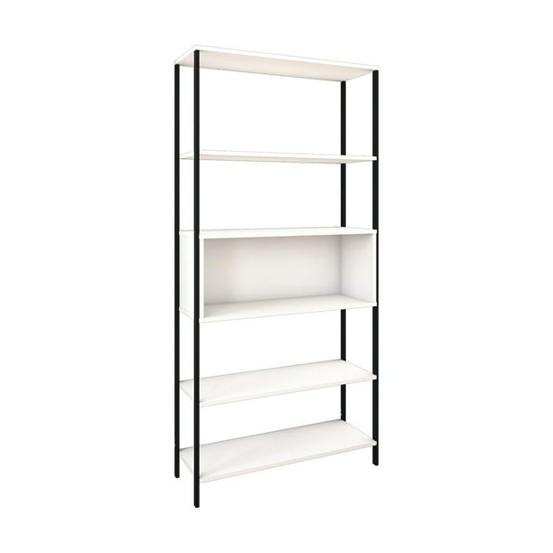 Librero Estante Organizador dos Vistas, Cinco Espacios Organizadores, Estructura Metálica, Tablero Laminado Liso PLAYCON (Blanco)