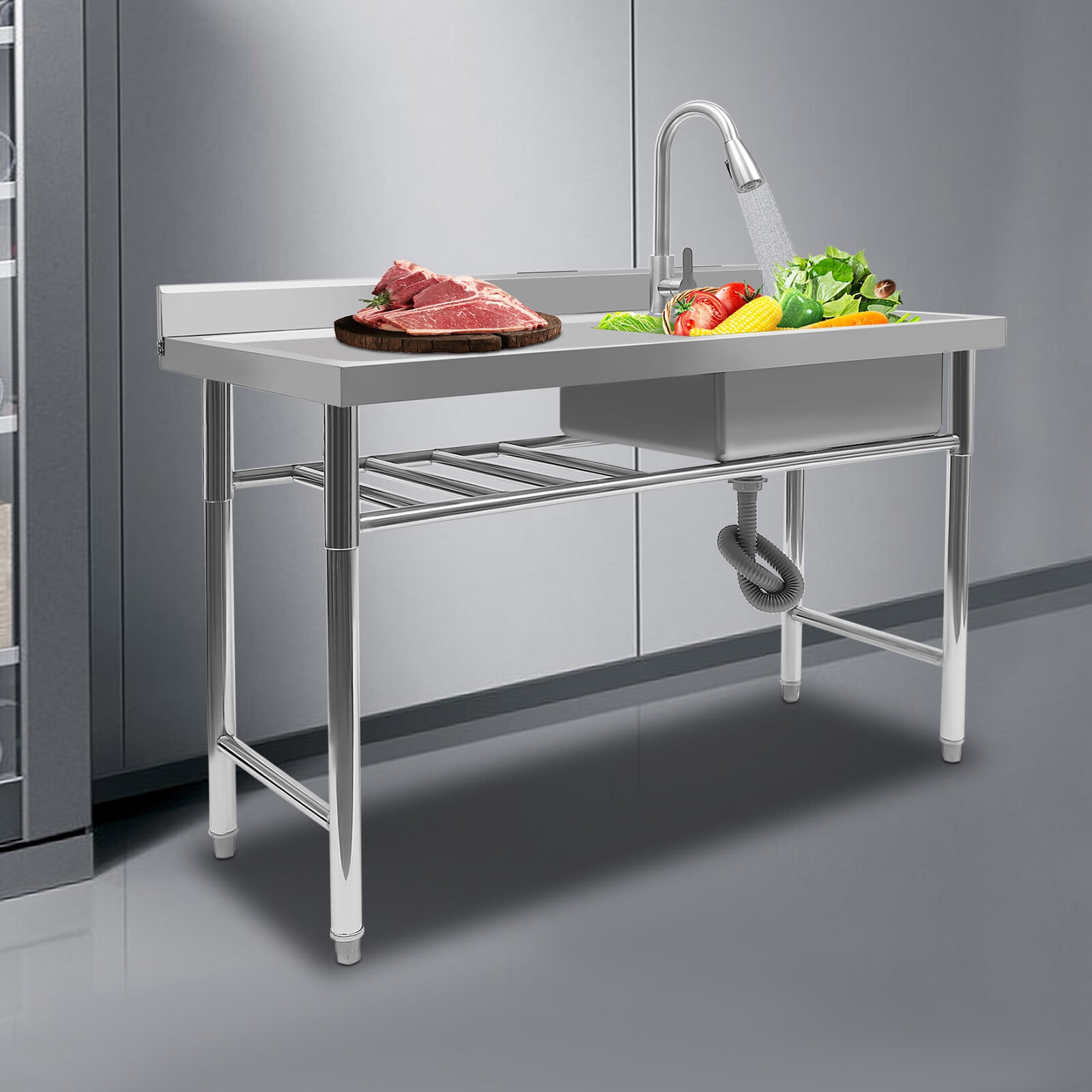 Commercial Sink Stainless Steel Freestanding Kitchen Sink with Prep Table Kitchen Single Bowl Sink with 360°Faucet Drain for Kitchen Bar Cafe, 47 * 23 * 31inch