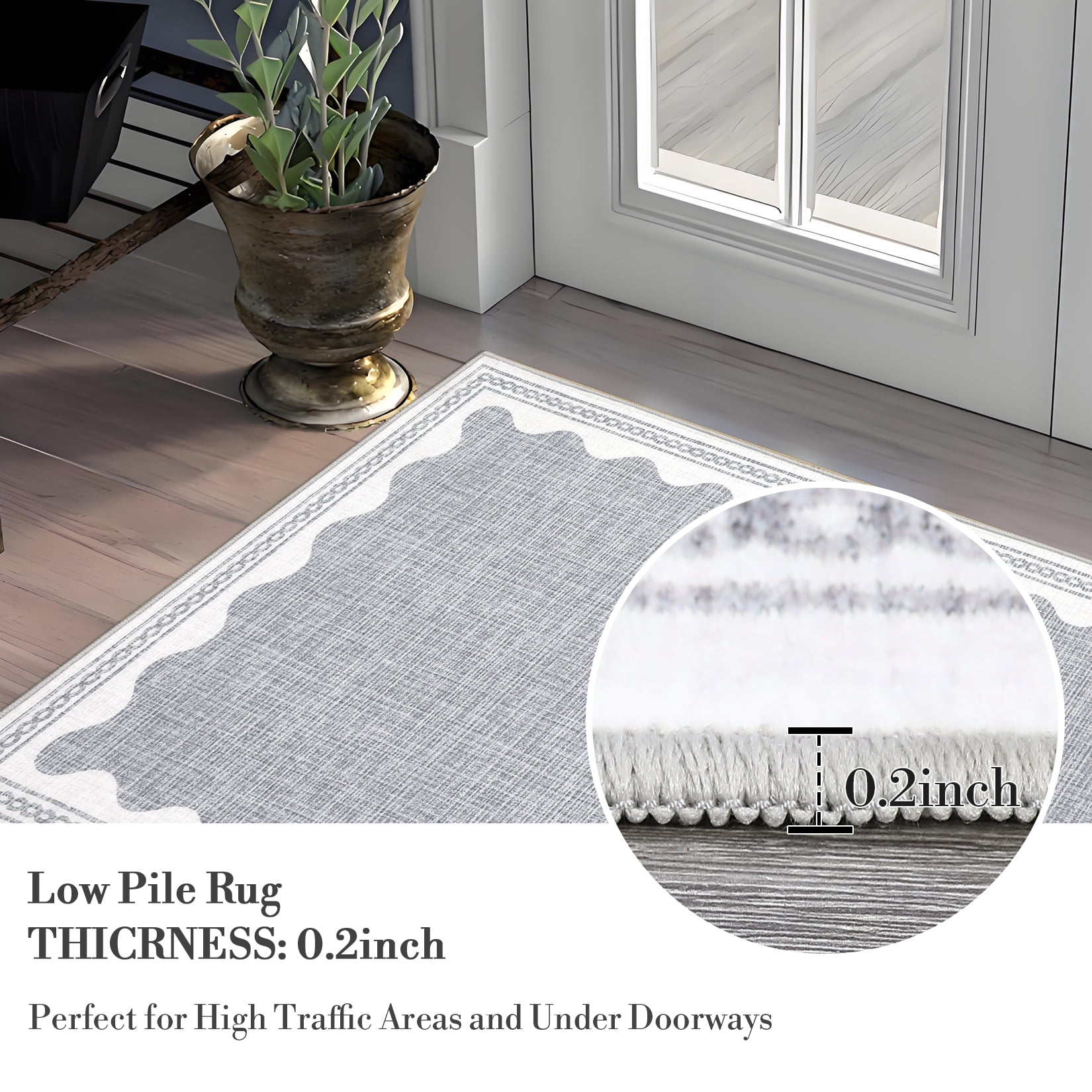 GlowSol 8'x10' Area Rug Washable Modern Scalloped Bordered Pattern Rugs for Living Room Bedroom Soft Non-Slip Low Pile Rug, Gray