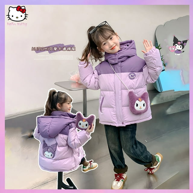 Abrigos de invierno Kuromi Sanrioed Anime Y2K para niñas y niños, chaqueta de moda morada, abrigo de plumas, ropa Kawaii, ropa para niños, regalo de Navidad