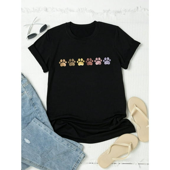 Gradient Paw Print Tee Row Of Colorful Design T Shirt Front Graphic Pattern Soft Comfort Top Casual Black S-5XL