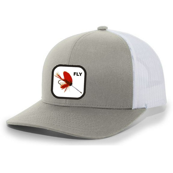Heritage Pride Fish Hat Red Fly Fishing Lure Embroidered Patch Mesh Back Trucker Hat Saltwater Fishing Freshwater Fishing Baseball Cap, Silver/White