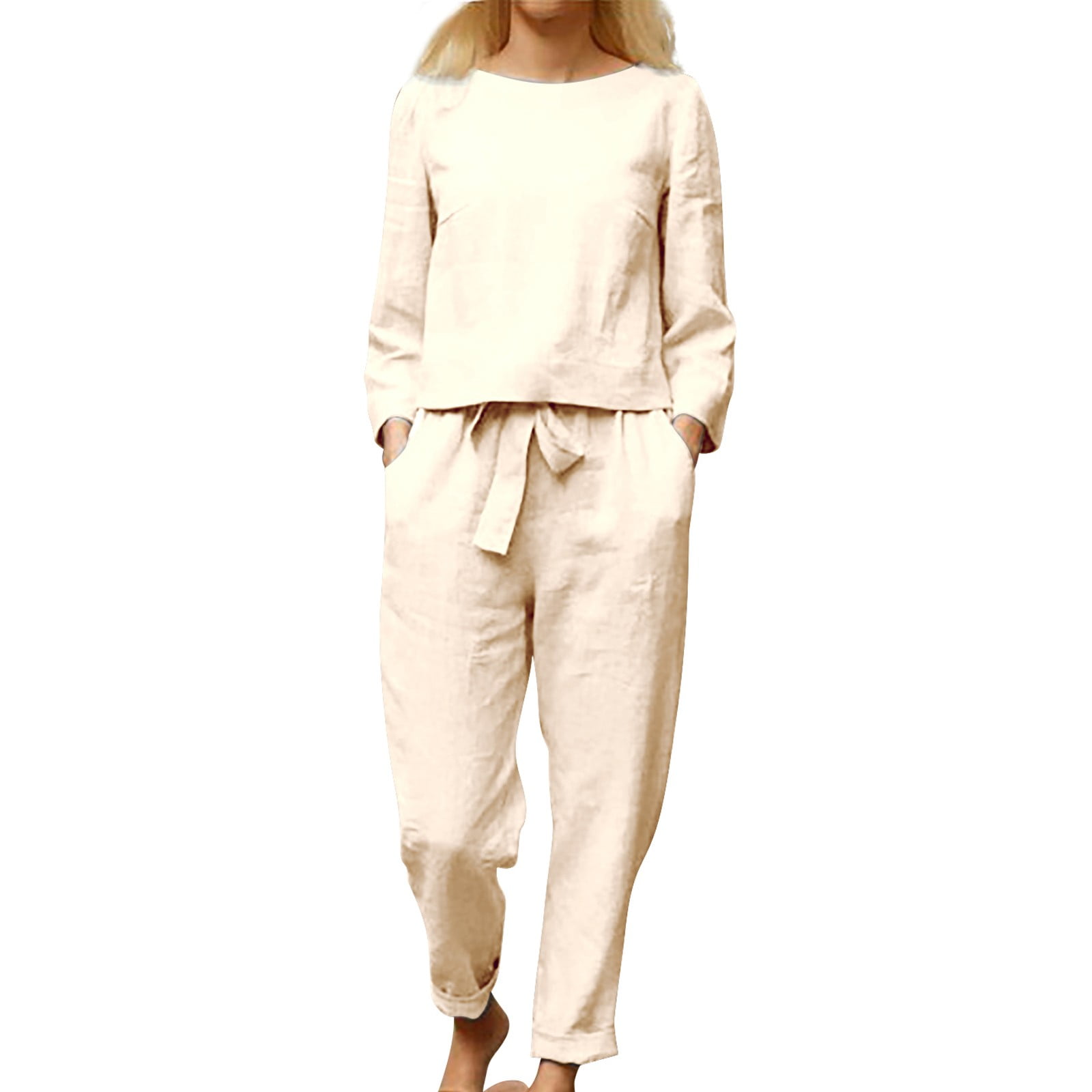 Women Casual Two Piece Outfits Cotton And Linen Solid Long Sleeve Tracksuit  Loungewear Pajamas Sets Plus Size Sweatsuit 2 Piece Sets White XXXXL -  Walmart.com
