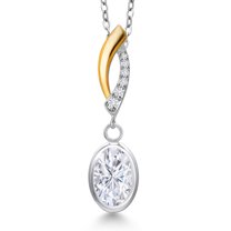 Gem Stone King 925 Silver and 10K Yellow Gold White Moissanite and Lab Grown Diamond Pendant Necklace for Women | 1.55 Cttw | Gemstone Birthstone | Oval 8X6MM | With 18 inch Chain