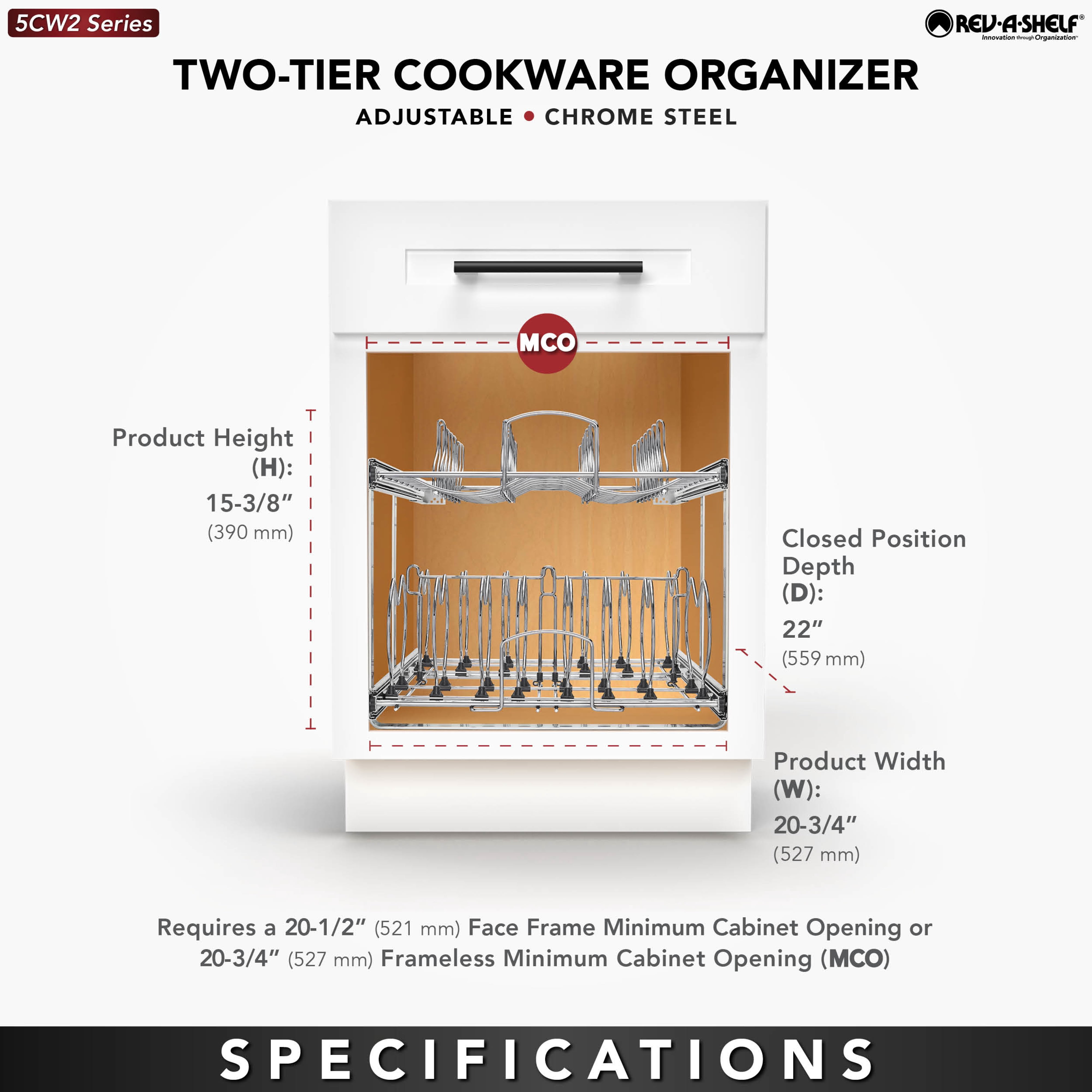 Rev-A-Shelf Pullout Cabinet Pot and Pan Organizer, 20.75" Width, 5CW2-2122-CR