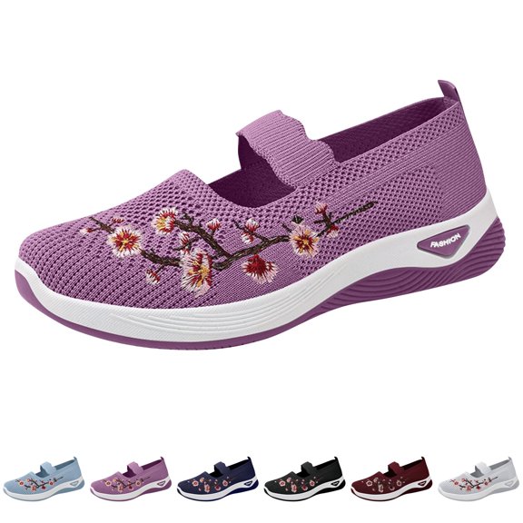 Domzle Women's Floral Embroidered Knit Shoes Orthopedic Sneakers for Women,Walking Breathable Knit with Arch Support Comfortable Walking Lightweight Platform Sneakers Light Blue