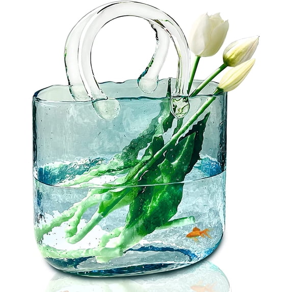 Aoderun Purse Vase for Flowers Glass Vase with Handle Hand Bag Vase(Blue)