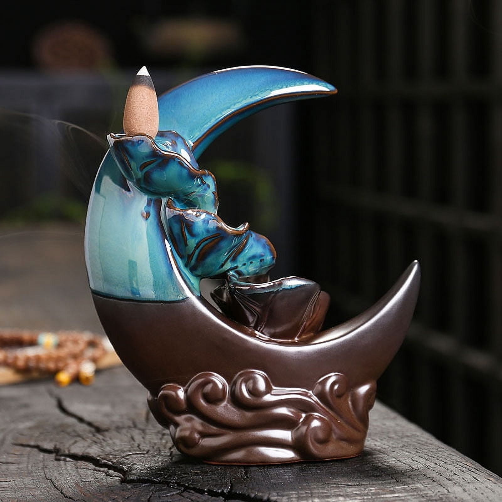 Handcrafted Backflow Incense Burner Smoke Waterfall Ceramic Moon-Shaped Incense Holder Creative Reflux Aroma Incense Holder Home Decor
