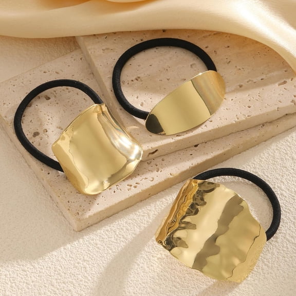Gold Hair Ties, Metal Hair Ties for Thick Hair, Elegant Durable Geometric Design Hair Cuffs, Hair Accessories Stretchy and Non-Damage Ponytail Holders
