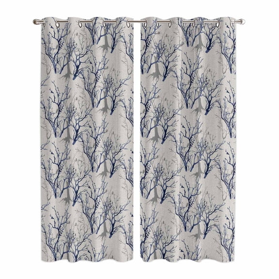 Grey Navy Blue Tree Kitchen Curtains Window Panels, Country Rustic Botanical Branch Insulated Window Treatment Curtain, Grommet Curtains for Bedroom/Living Room/Bathroom, 2 Piece 42"Wx84"L