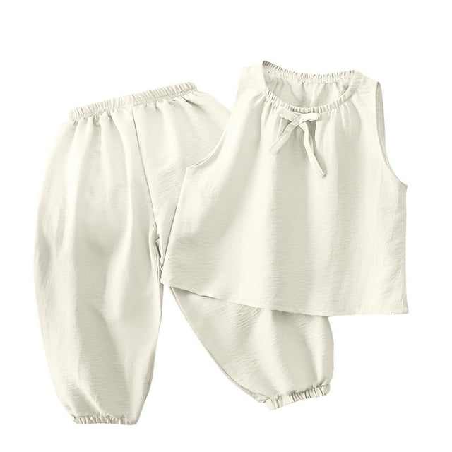 Zpanxa Girls Short Sets Summer Solid Color Thin Home Clothing with Ruffle Round Neck Tank Top Sets 3-4 Years
