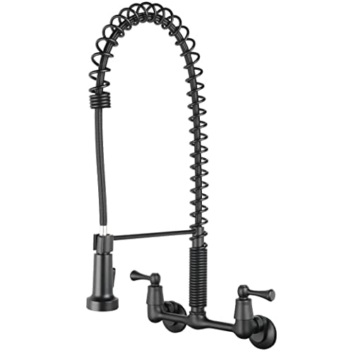 Tosca 255-K821-MB-T Upgraded Dual Handle Commercial Style Wall Mount Kitchen Faucet with Pull Down Nozzle, Matte Black