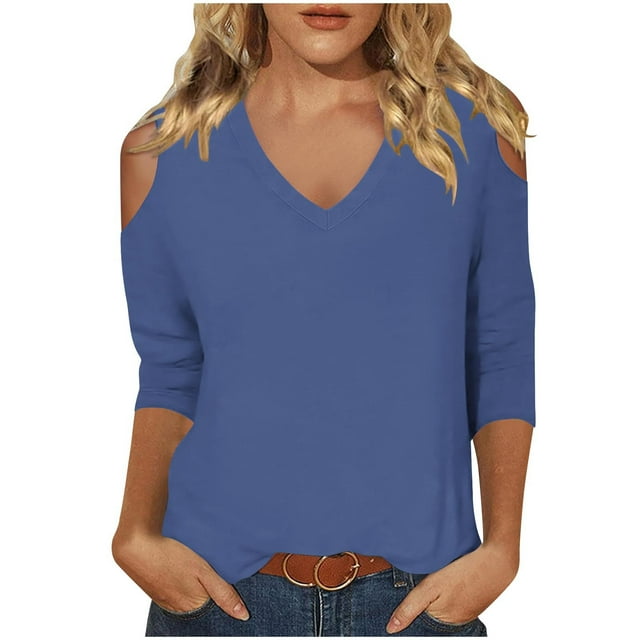 Timegard Summer Tops for Women V-Neck Cold Shoulder 3/4 Sleeve Solid Color Comfy Blouse Casual Loose Tops