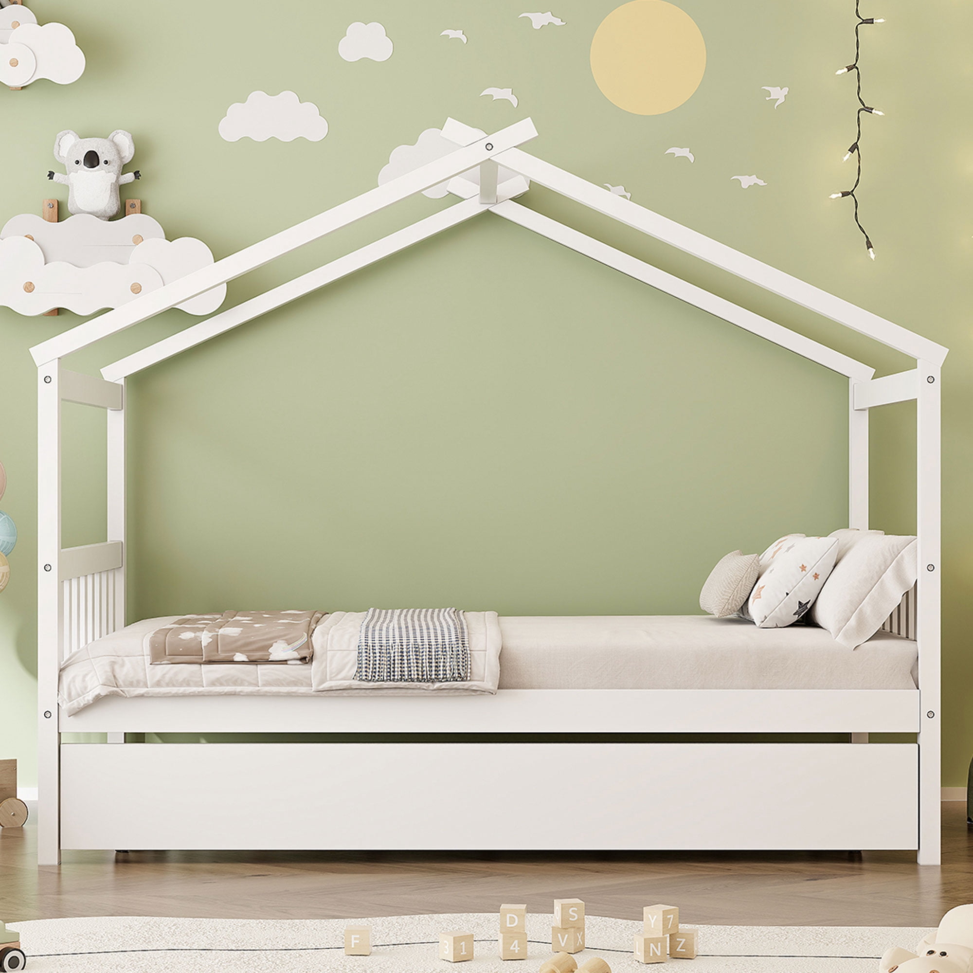 Sailvan Twin Size Wooden House Bed with Twin Size Trundle