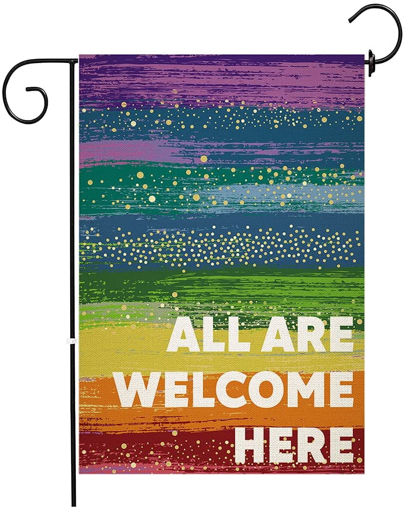 Newhomestyle All Are Here Rainbow Garden Flag Vertical Double Sided 12x 18 Inch Burlap