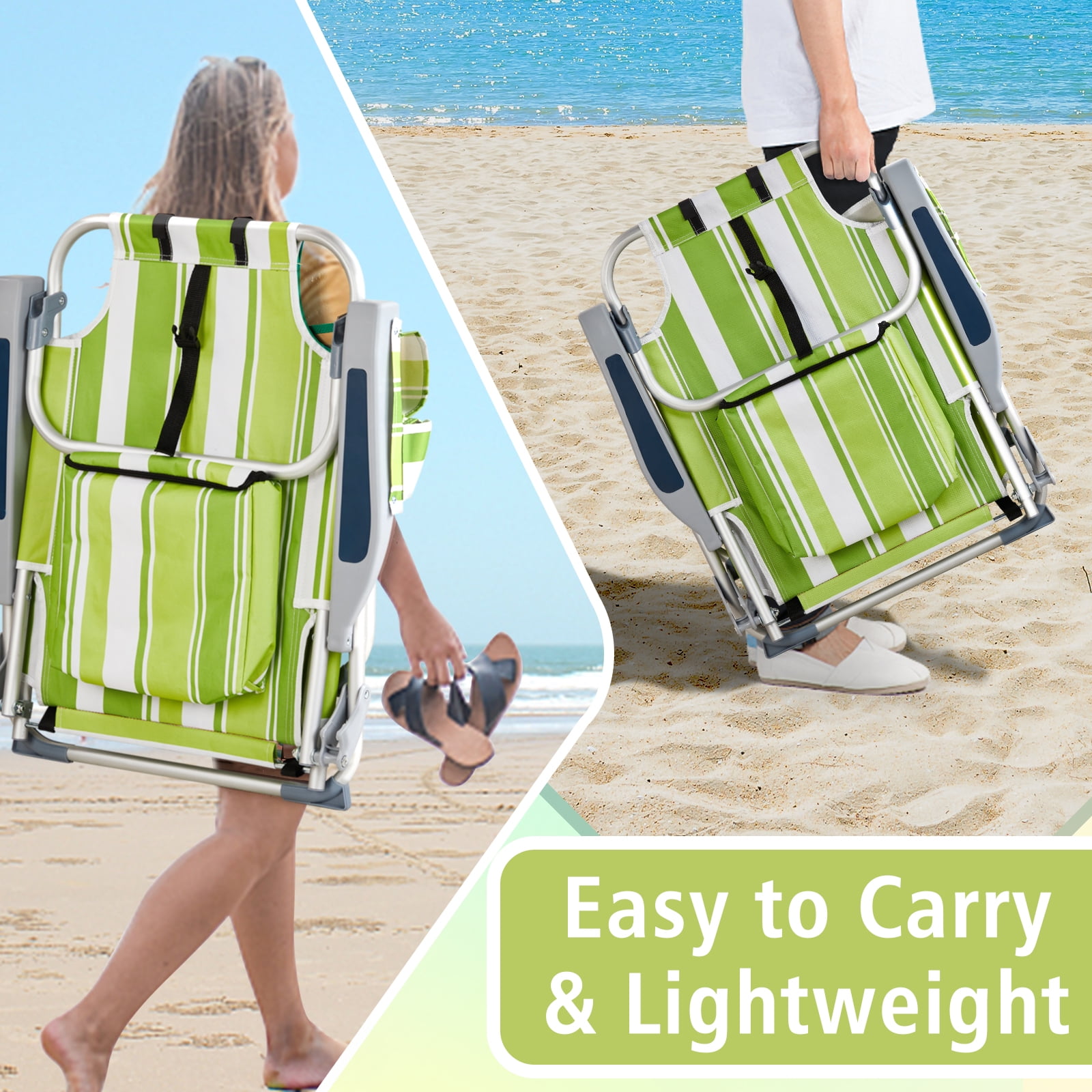 Folding Beach Chair - Lightweight Aluminum Frame, 5-Position Adjustable Back (Lay Flat), Storage Pouches & Cup Holder, for Outdoor Activities, Camping, Picnics, Green Stripes