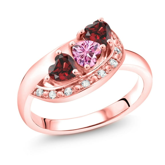 Gem Stone King 18K Rose Gold Plated Silver Pink Moissanite and Red Garnet and White Created Sapphire Engagement Ring for Women (0.97 Cttw, Gemstone , Heart Shape 4MM, Size 8)