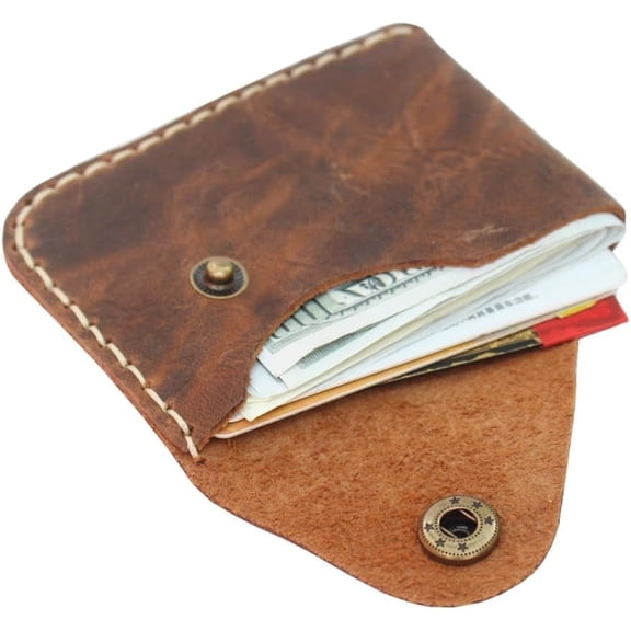 Handmade Leather Card Holder with Snap Closure - Ultra-Thin Minimalist Front Pocket Wallet, Hand-Stitched Simple Card Case