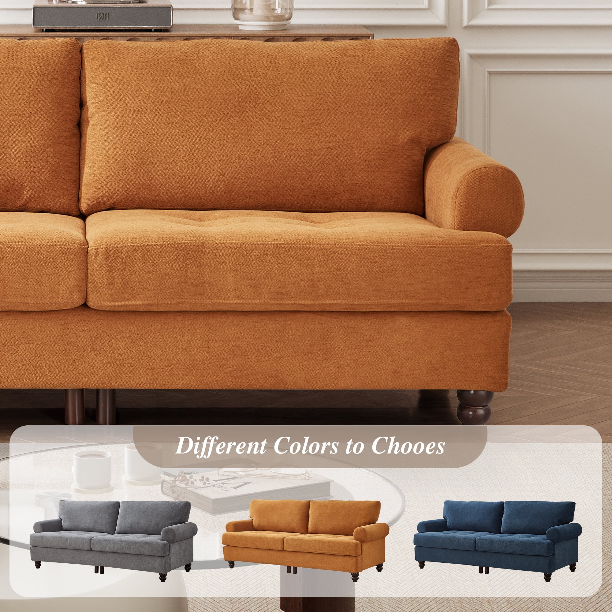 Me'on 81" Rolled Arm Sofa Couch with Storage, Mid Century Modern Decor Upholstered Couches for Living Room, Button Tufted Loveseat for Bedroom, Blue