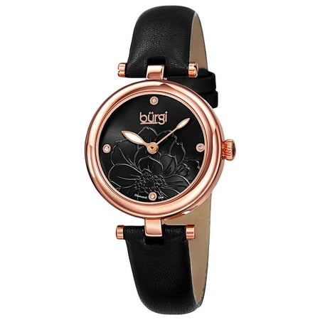 - Burgi Women's Quartz Diamond Markers Etched Flower Dial Leather Black Strap Watch