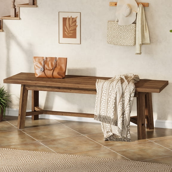 Finmind 55" Solid Wood Shoe Bench for Entryway, Farmhouse Long Bench Seat for Hallway, Living Room, Dark Brown