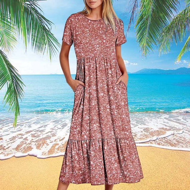 Robes pour Femmes Été 2024, Robe Décontractée à Manches Courtes, Col Rond, Robe Longue Fluide à Étages avec Poches, Imprimé Brillant, 50 % de Réduction!