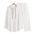 thumbnail image 2 of Men's 2 Piece Outfits Cotton Linen Long Sleeve Henley Hoodie Shirts Pants Set with Pockets for Casual Beach Yoga (L, White), 2 of 8