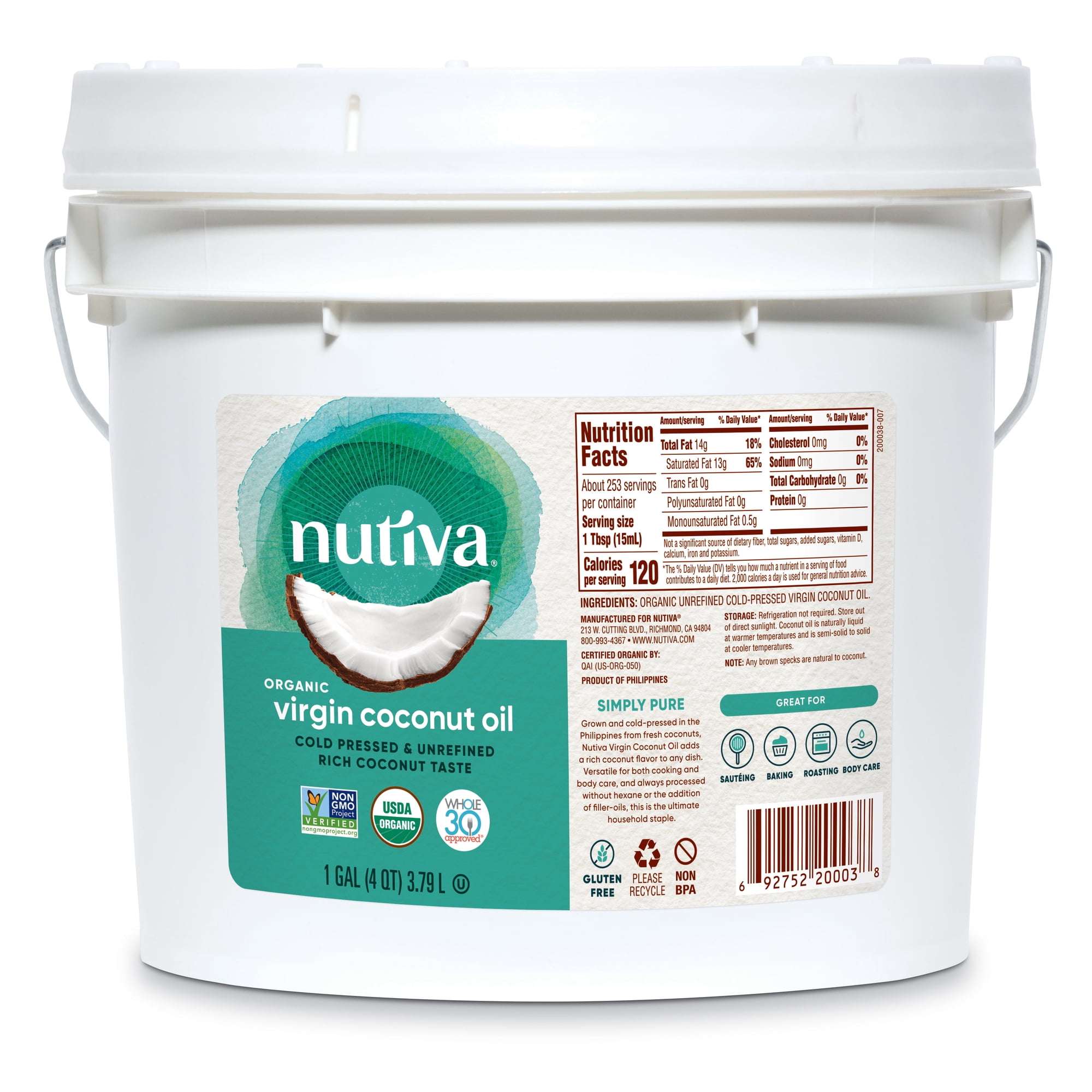 Nutiva Organic, Cold-Pressed, Unrefined, Virgin Coconut Oil from Fresh, non-GMO, Sustainably Farmed Coconuts, 1-gallon