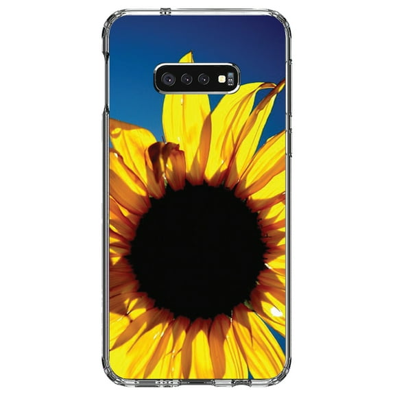 DistinctInk Clear Shockproof Hybrid Case for Samsung Galaxy S10e (5.8" Screen) - TPU Bumper, Acrylic Back, Tempered Glass Screen Protector - Blue Yellow Sunflower Sky