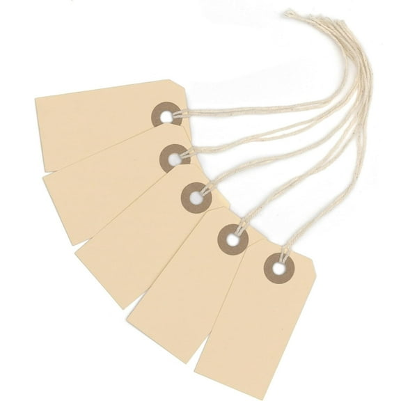 100 Small Manila Paper Tags with String - 2 3/4” x 1 3/8” - Hang Shipping Labels with String Attached and Reinforced Hole, Pre-Strung Tags