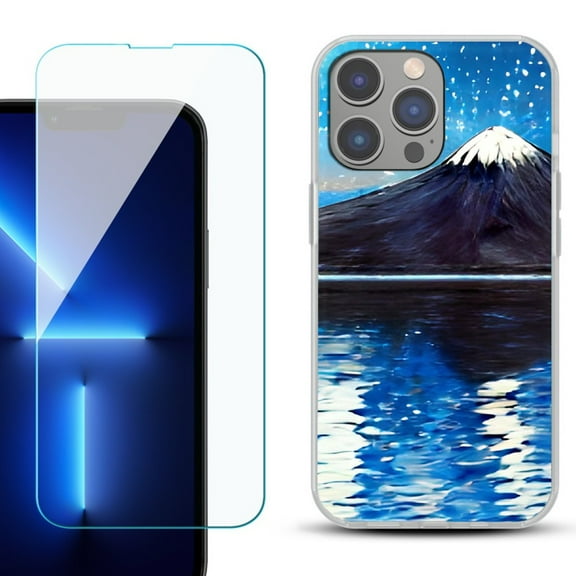 Slim-Fit Gel TPU Phone Case for iPhone 14 Pro Max, with Tempered Glass Screen Protector, by OneToughShield ® - Starry Night Fuji