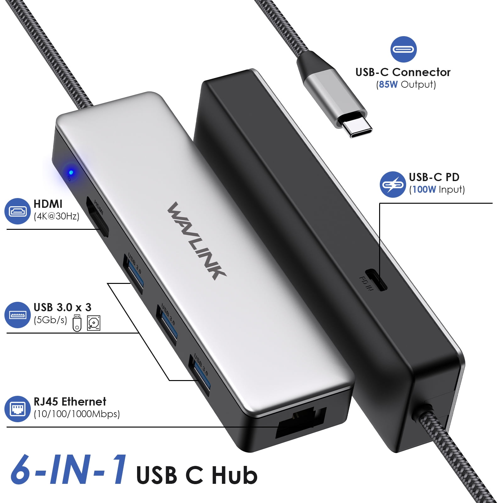 WAVLINK USB C Hub, Gigabit Ethernet USB Adapter| 4K@30Hz HDMI, 100W charging for Windows & Mac