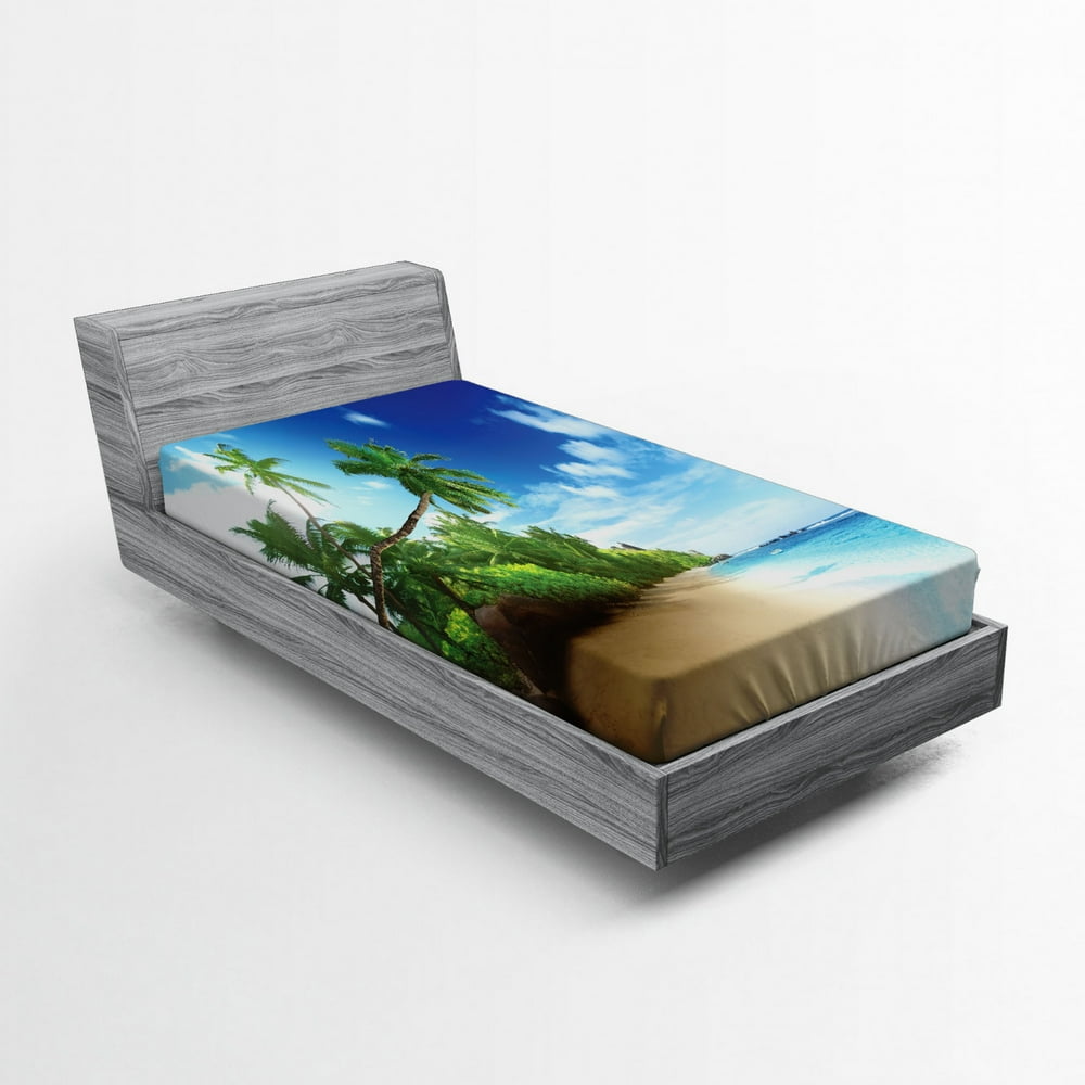 Ocean Fitted Sheet, Beach Sunset Tranquil Tropical Sea Waves Coconut