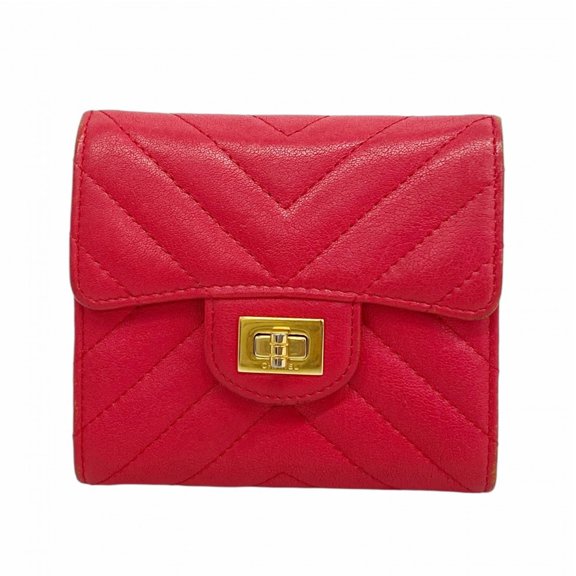 Pre-Owned Chanel Tri-fold Wallet, V-stitch, 2.55g, Caviar Leather, Pink, Women's, OP002842