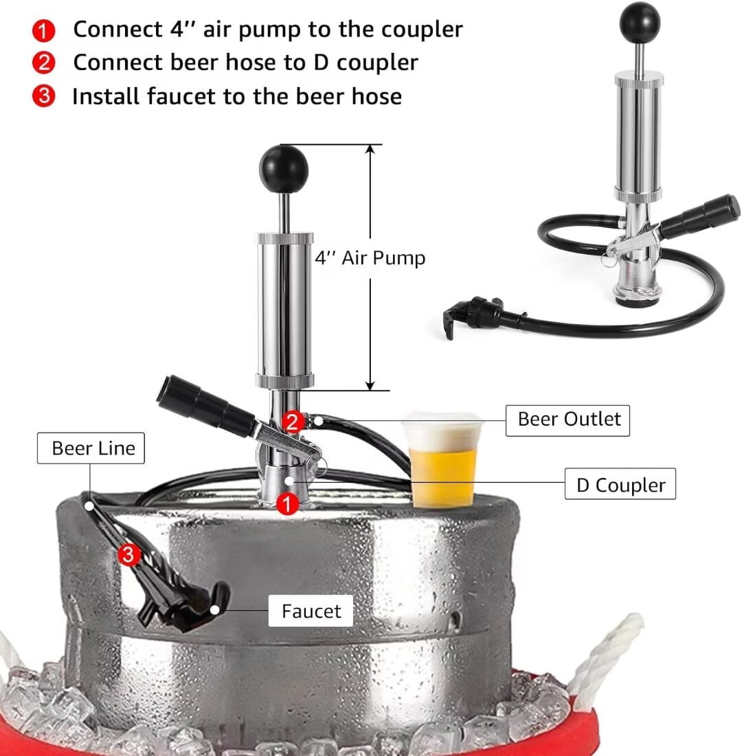 Wellbom Beer Keg Tap American D-System Keg Party Pump 4'' Picnic Pump with Beer Faucet & Hose for Homebrew