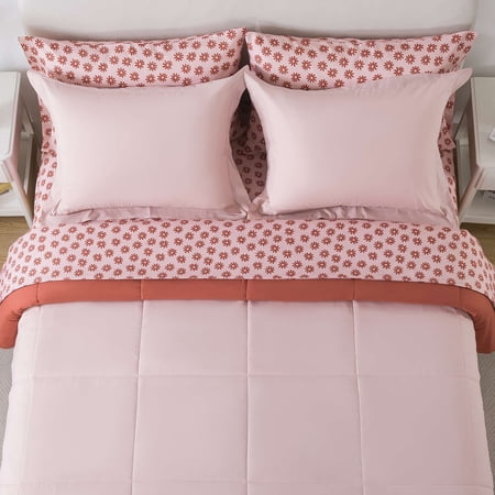 MAINSTAYS ALL IN ONE REVERSIBLE COMFORTER AND SHEET SET, 7-PIECE, FULL, PINK BLUSH