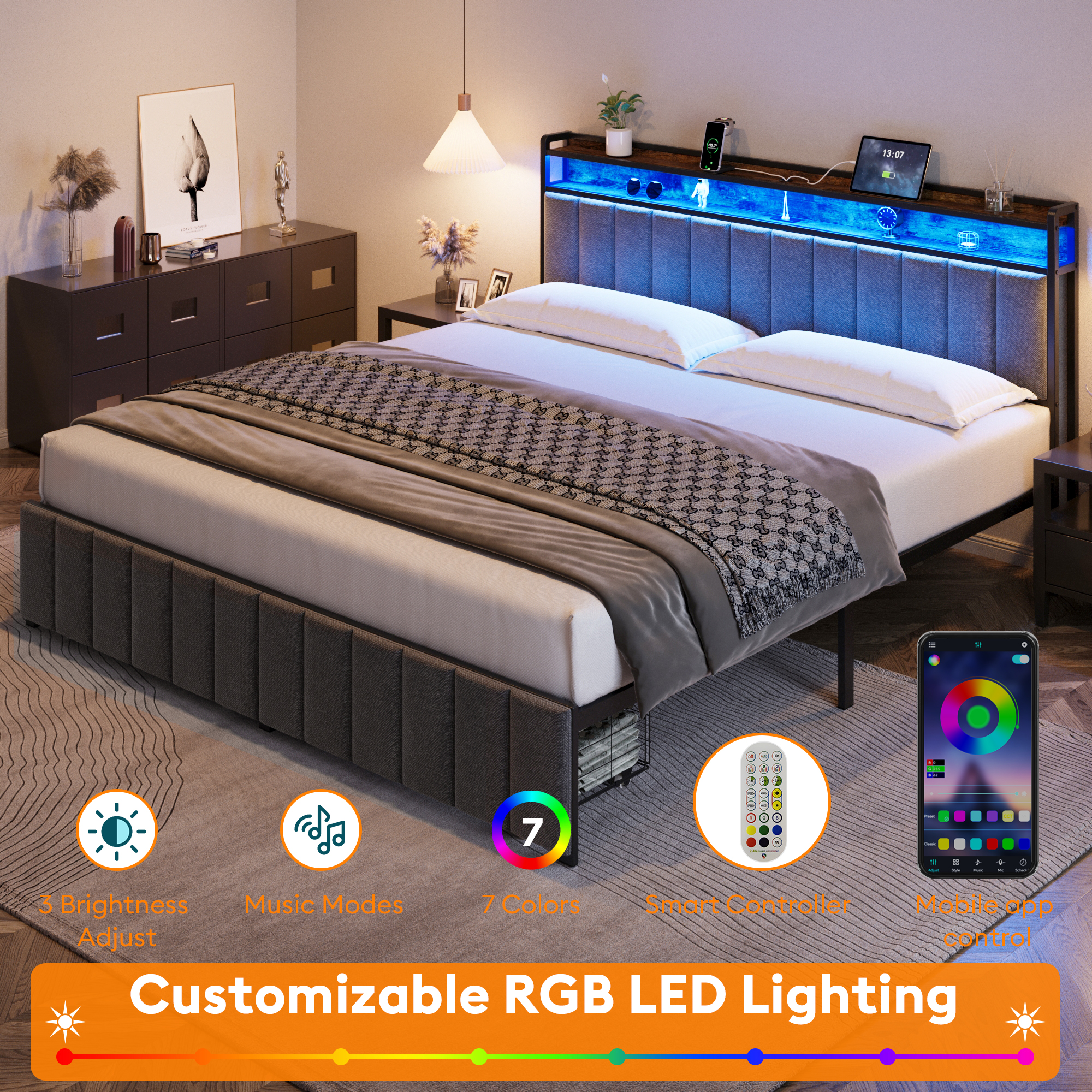 King Bed Frame with Storage, Upholstered Bed Frame with LED Lights Headboard and 2 Drawers, King Size Bed with Charging Station, Noise-Free, No Box Spring Needed, Easy Assembly, Grey