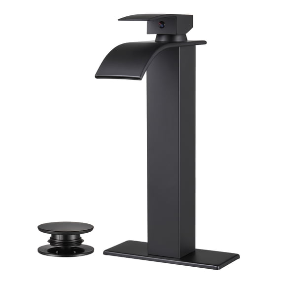 Waterfall Single-Handle Single Hole Bathroom Faucet with Deckplate Pop-up Drain Included and High-Body in Matte Black