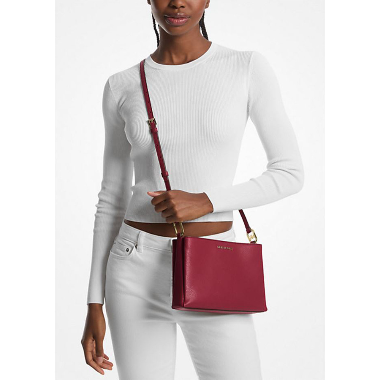 Michael Kors Women's Outlet Trisha Medium Pebbled Leather Crossbody Bag (Cherry) 35H1G9TC8L-Cherr